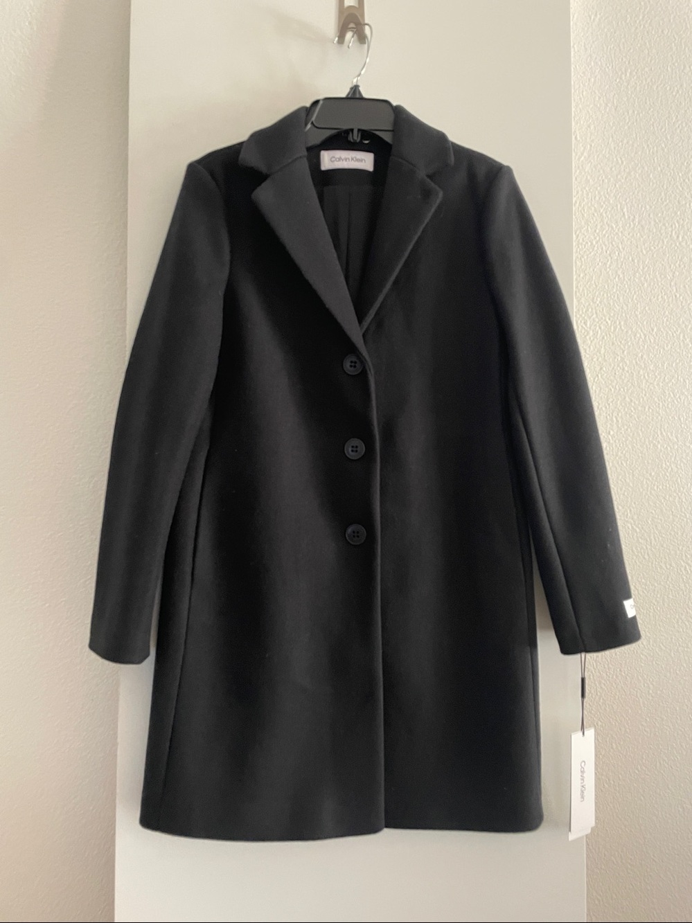 Calvin Klein Black Wool Blend Trench Coat Jacket Single Breasted Lined NWT